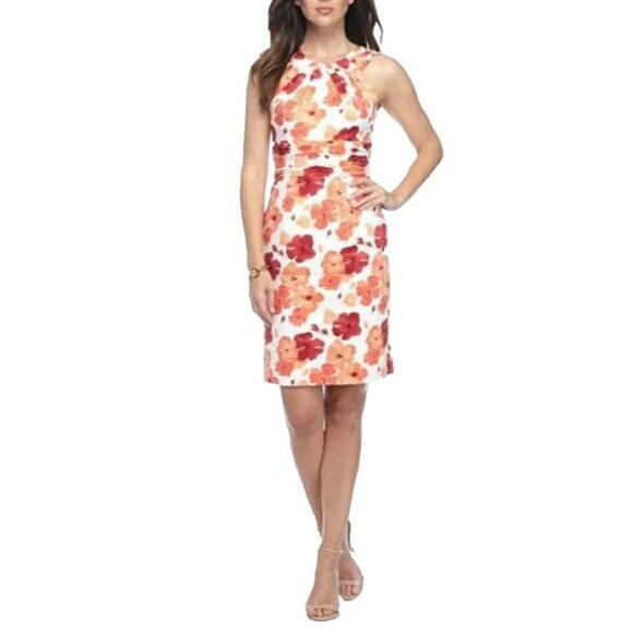 Adrianna Papell Dress Orange White Red 8 Stretch Sheath Sleeveless Floral Summer - Picture 3 of 9